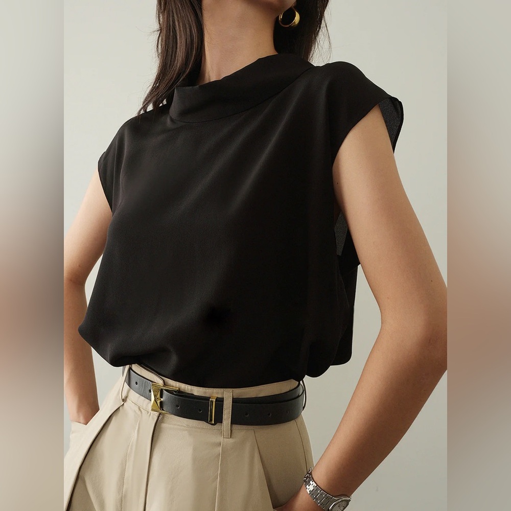 Commense Black Cap-Sleeve Draped-Neck Blouse